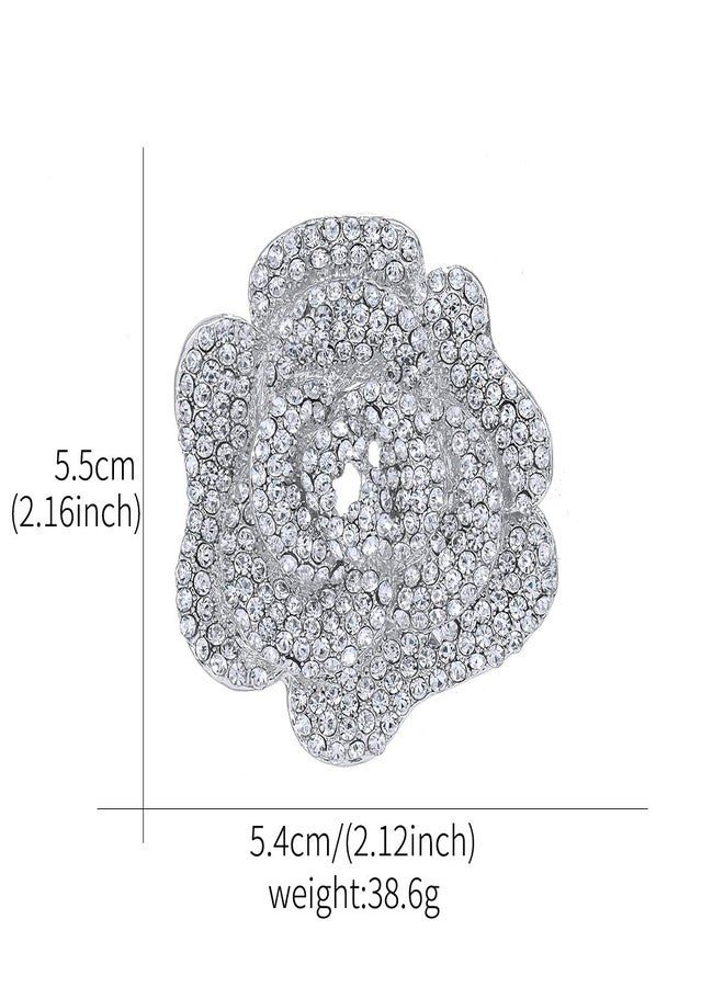 MEEDOZ White Gold Plated Women's Crystal Rhinestone Rose Flower Shape Brooch Pins for DIY Bridal Wedding Bouquet (Silver) - Image 2